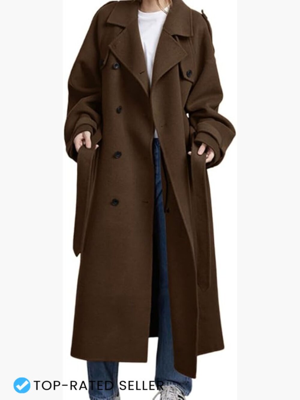 Double Breasted Wool Coat Midi Long Notch Lapel Belted Winter Trench Coat
